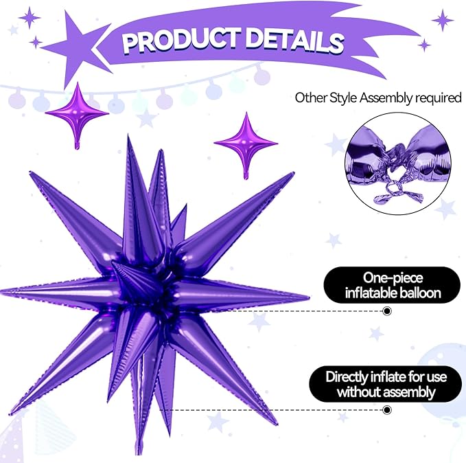18 Pcs Black Purple Star Balloons, Purple and Black Stars Foil Balloon with 6 Pcs 22-Inch Explosion Star Balloons 12Pcs 10-Inch Four Pointed Stars Balloon for Birthday Halloween Party Decoration