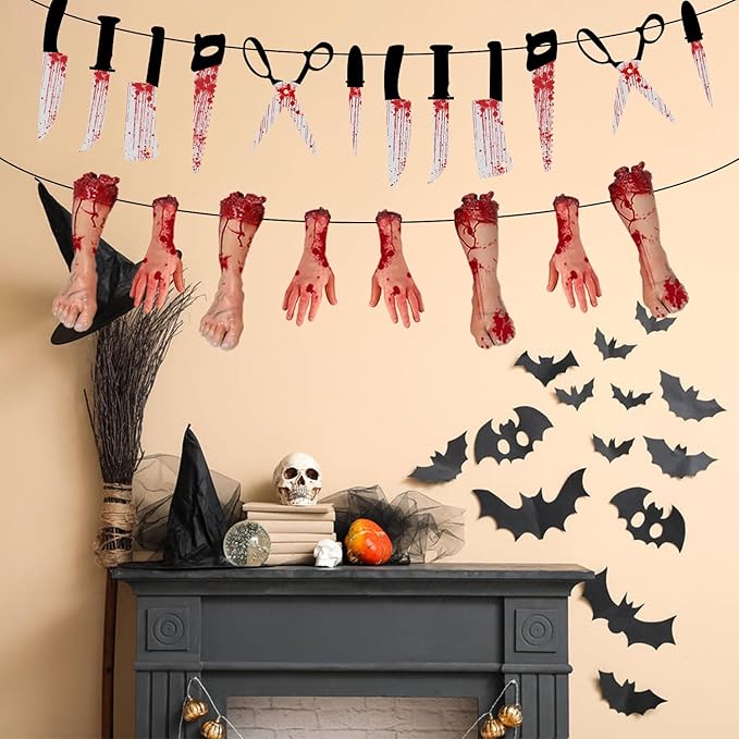 Halloween Horror Outdoor-Indoor Party-Decorations Supplies - 4pcs Creepy Fake Knife Hanging Banner,Spooky Home Streamers Garland,Haunted Mansion Room Wall Backdrop Decor Burgleda