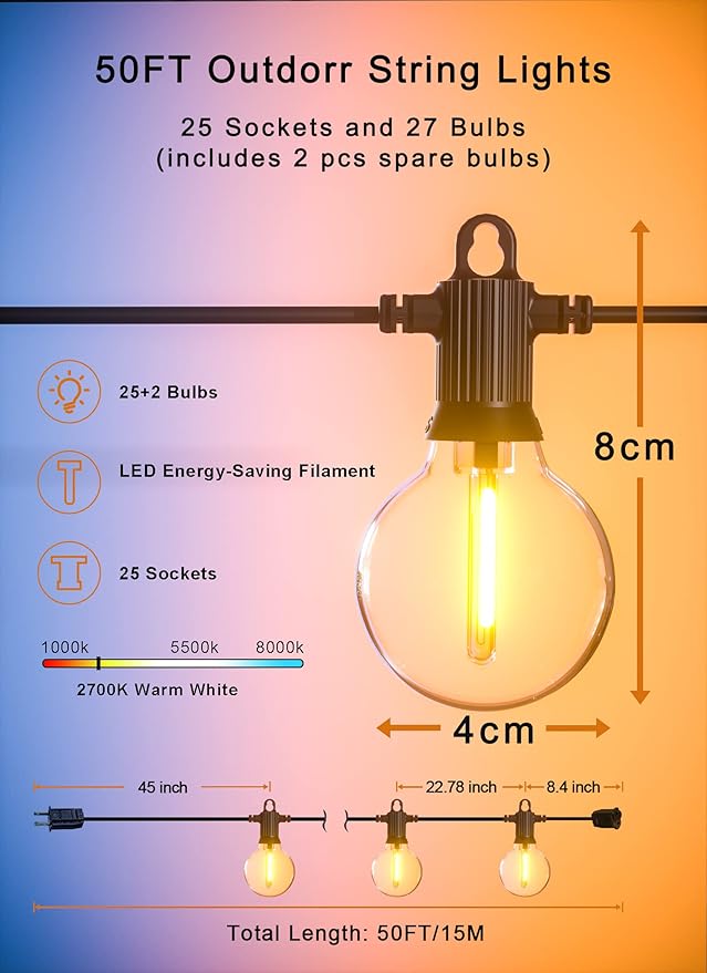 Outdoor String Lights, 50FT Patio Lights Outdoor Waterproof with 27 Shatterproof G40 Globe Bulb(2 Spare), Connectable Dimmable LED String Lights for Outside Backyard Porch Balcony Party, 2700K