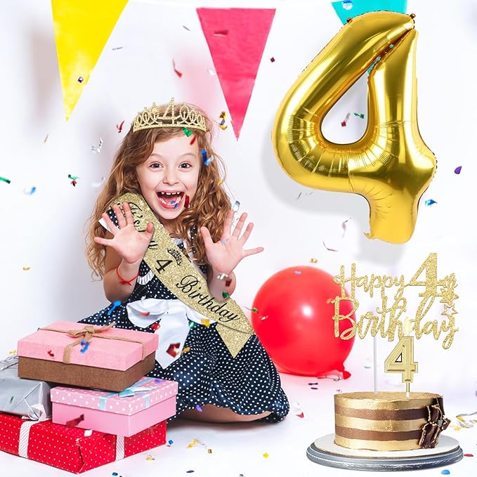 4th Birthday Decorations for Girl with 4th Birthday Sash and Crown, Candle and Cake Topper, Number Balloon, 4 Year Old Girl Gifts