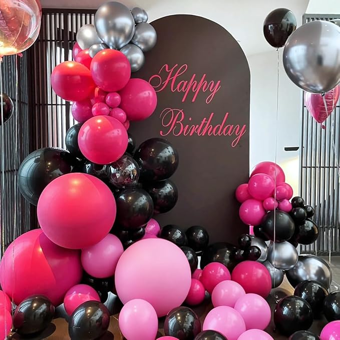 Hot Pink Black Silver Balloon Garland Arch Kit, 166Pcs Red Black Pink Silver Balloons for Birthday Graduation Baby Shower Wedding Anniversary Bachelorette Party Decorations