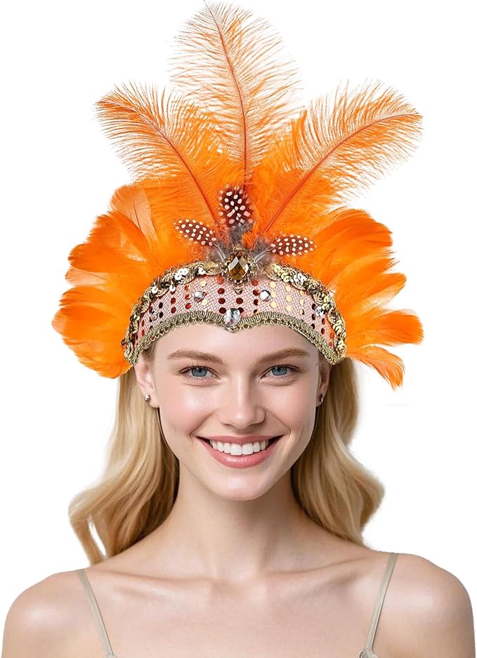 Women's Carnival Feather Headpieces Sequin Headdress for Wedding Masquerade Party Cosplay Feather Headbands