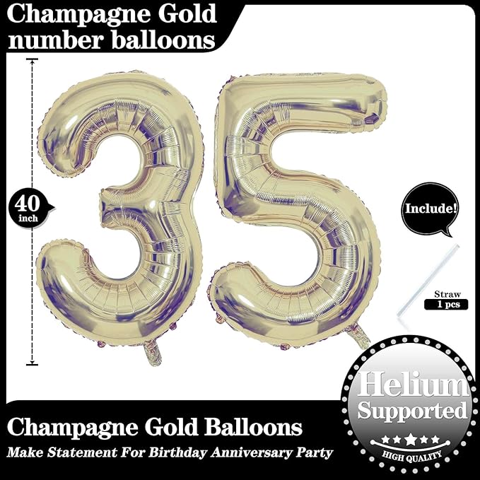 Champagne Gold 35 Number Balloons, 40 Inch Giant Number 35 Balloons Foil Mylar Helium Light Gold Number Balloons for 35th Birthday Party Supplies Anniversary Event Celebration Decorations