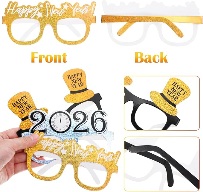 PRETYZOOM 9 Pack 2026 Happy New Year Glasses, 3 Colors Nye Party Favors Supplies, Holiday Eyewear Sunglasses, Photo Booth Props, New Years Eve Decorations Accessories Gifts