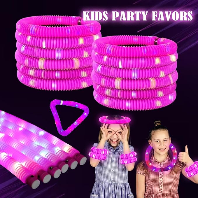 Pink 24PCS Light Up Pop Fidget Tubes Party Favors-Glow in The Dark Party Supplies for Kids and Adults, Perfect for Festivals, Birthday Parties, Raves, Concerts, and Camping Decorations
