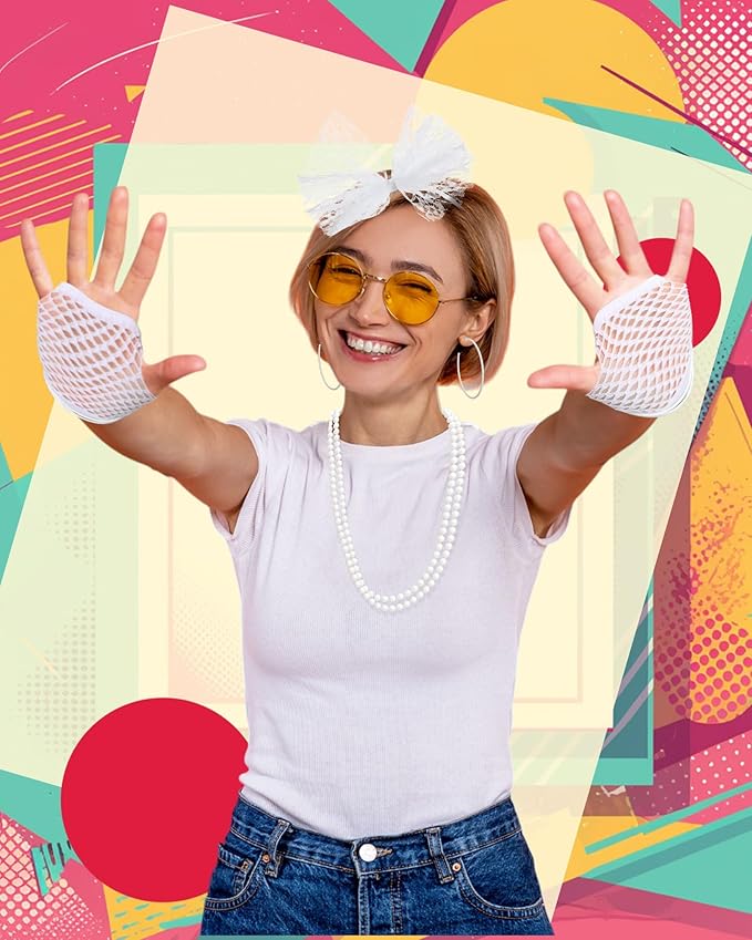 Blulu 80s Costume Accessories for Women Lace Headband Earrings Fishnet Gloves Necklace Bracelet for 80s Retro Party