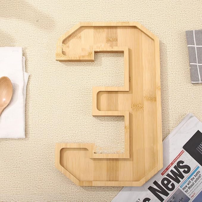 15.8'' Bamboo Charcuterie Fillable Board Box, Reusable Alphabet Number Shaped Form Tray for Birthday Anniversaries, Serving Tray for Birthday Party Decor Serving Plates Display Candy Cake (Number 3)