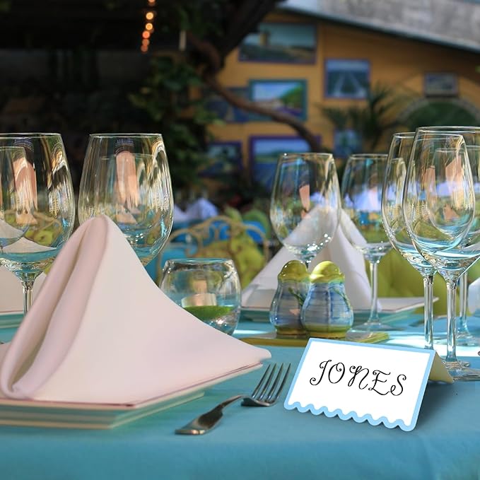 150 PCS Dusty Blue Scalloped Place Cards 2 x 3.5 Inch Blank Tented Place Card Name Cardstock Seat Assignment Label Card Reserved Table Signs Seating Signs for Birthday Wedding Party