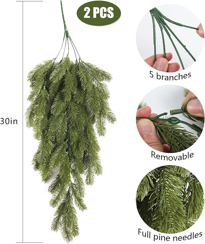 RECUTMS 2Pcs Artificial Christmas Teardrop Pine Needle Hanging Swag Artificial Pine Needle Branches Faux Winter Wreath Hanging Plants for Front Door Wall Home Christmas Decoration (Green)
