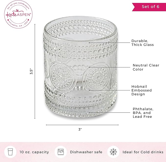 Kate Aspen Hobnail Beaded Floral Clear Drinking Glasses Set of 6, (10 oz) Vintage Glassware Cocktail Glass Set, Juice Glass, Water Cups | Great Hostess Gift & Gift for New Home Owners (Pack of 4)