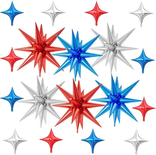 18 Pcs Blue Red Star Balloons, Silver Red and Blue Balloon with 6 Pcs 22-Inch Explosion Star Balloons 12Pcs 10-Inch Four Pointed Stars Foil Balloon for Graduation Baby Shower Birthday Party Decor