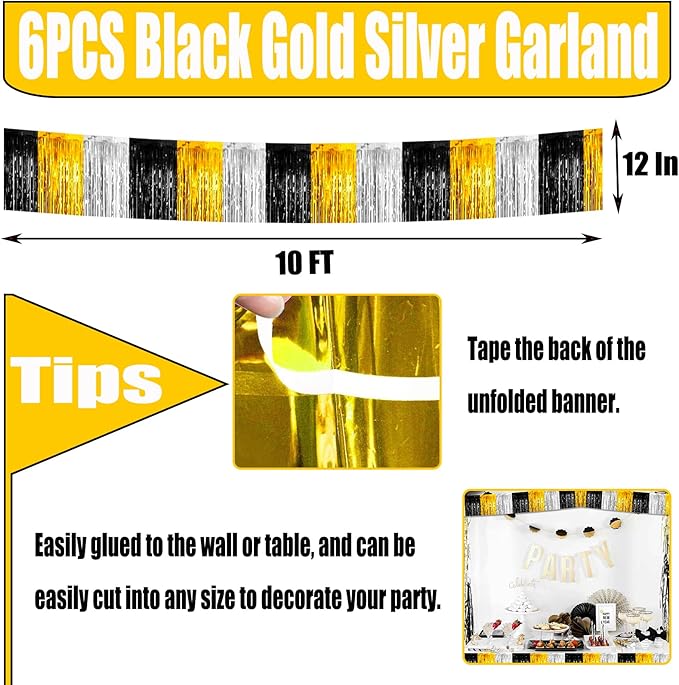 6 Pack 10 Feet Foil Fringe Garland Metallic Tinsel Streamers Banner Wall Hanging Backdrop for Parade Floats Notorious One Birthday Roaring 20s Graduation Party Decorations(Black Gold Silver)