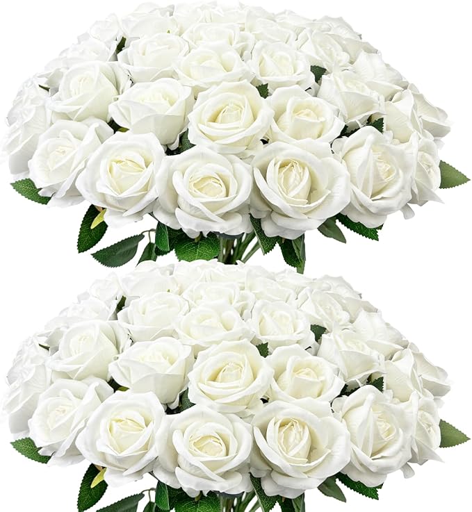Bulk Artificial Flowers 50 PCS, Fake Velvet Silk White Roses with Long Stems Realistic Bouquet for Wedding Centerpieces, Faux Arrangement for Home Table Decor