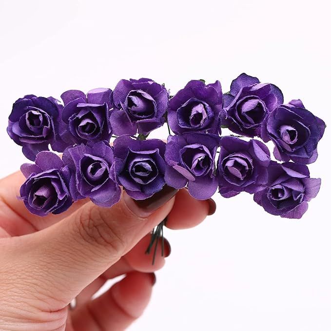 144pcs Mulberry Paper Mini Roses Artificial Flowers Heads with Stems for DIY Crafts Accessories Make Bridal Hair Clips Headbands Wedding Bridal Bouquets Party Home Decor Valentine's (Dark Purple)
