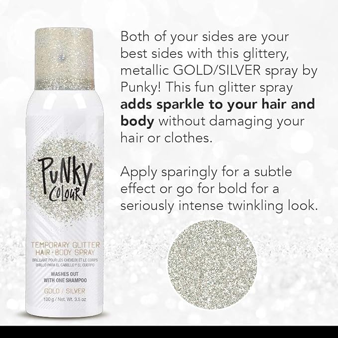 Punky Temporary Hair and Body Glitter Spray, Gold/Silver – Glitters Hairspray, Adds Shimmery Glow, Hair Glitter for Kids, Women, Men 3.5 oz