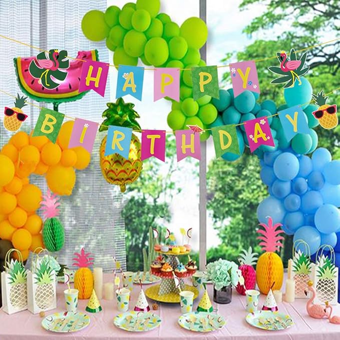 SUNBEAUTY Hawaiian Aloha Party Tropical Happy Birthday Banner Luau Birthday Flamingo Pineapple Palm Leaf Banner for Summer Birthday Party Decorations Supplies | Pre-Strung