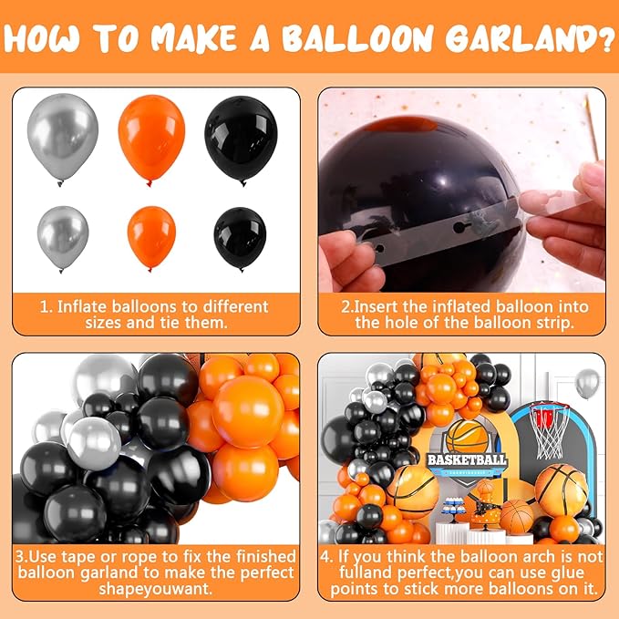 Basketball Balloon Arch kit Black Orange Metallic Silver Balloons Garland Arch Sports Themed Party Balloon Basketballs Party Decoration for Sport Theme Party all Star Space Jam Birthday Decor
