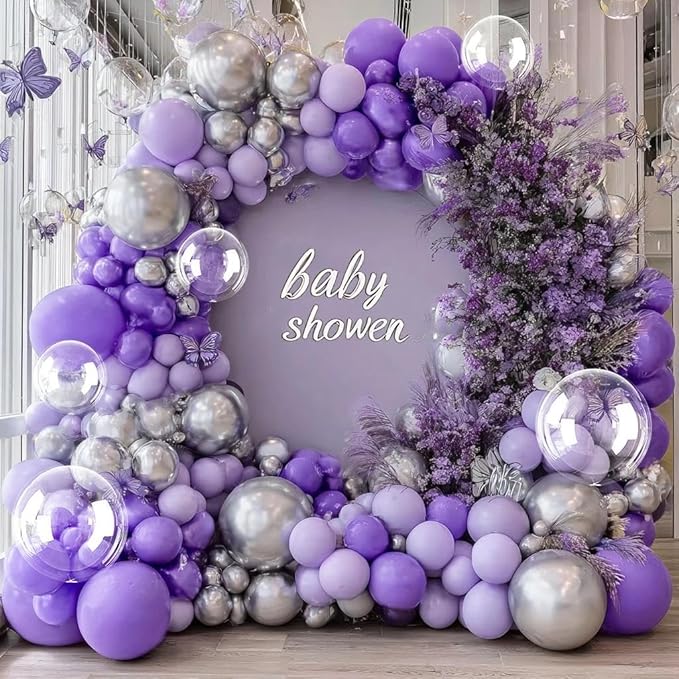 Purple Silver Balloon Arch Double Stuffed Dark Purple Balloons Lavender Lilac Balloon Garland Kit with Clear Bobo Balloons for Birthday Wedding Baby Shower Anniversary Halloween Party Decorations
