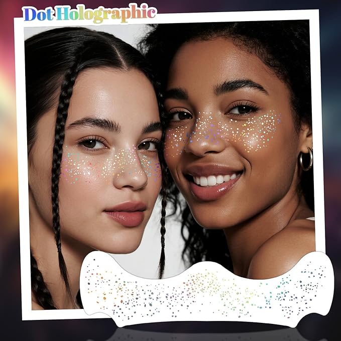 24pcs Glitter Freckles Face Tattoo - Holographic Face Sparkle Freckles Temporary Tattoos for Women Girls, Multicolor Freckles Makeup Patches for Party, Concerts, Daily Accessories