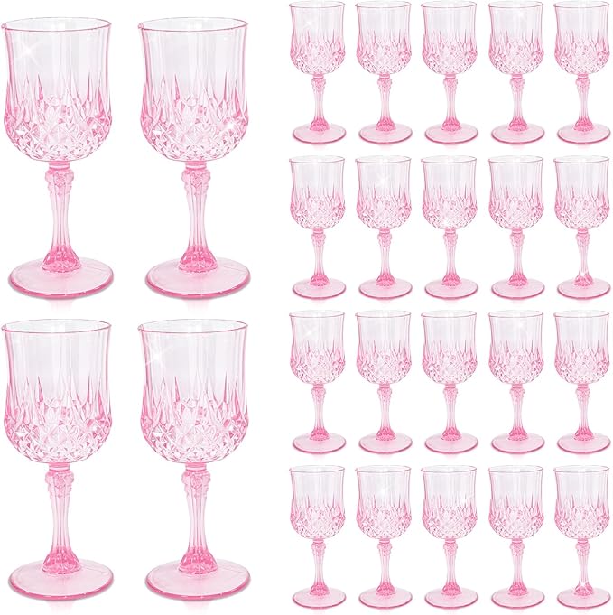 24 PCS Plastic Pink Wine Glasses Goblets Pink Vintage Wine Glasses, Reusable Drinkware Vintage Champagne, Plastic Goblets for Parties for Wedding Reception Grand Event Party, 7oz