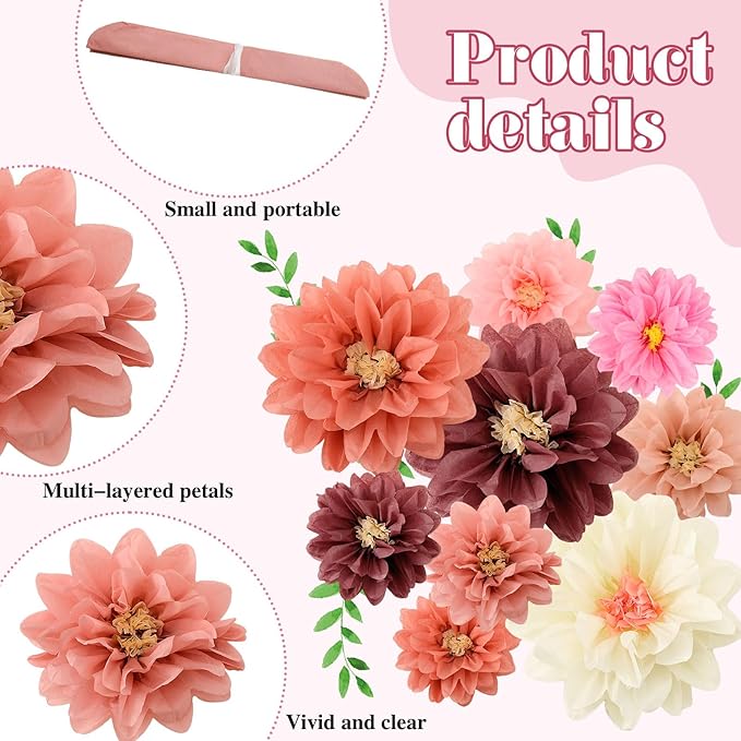 Geyee 18 Pcs Mexican Paper Flowers Colorful Fiesta Tissue Paper Flowers Pom Poms Mexican Carnival for Floral Party Backdrop Wedding Birthday Party Craft, 6" 8" 10"(Vintage Color)