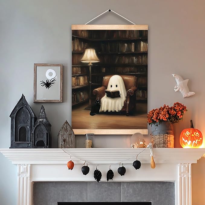HEYJEEPER Ghost Reading in Library Wall Art,14x18.5inch Gothic Halloween Linen Canvas Poster and Black Cat Print, Vintage Dark Aesthetic Decor for Library,Study,or Witch's Bedroom(BLK01)