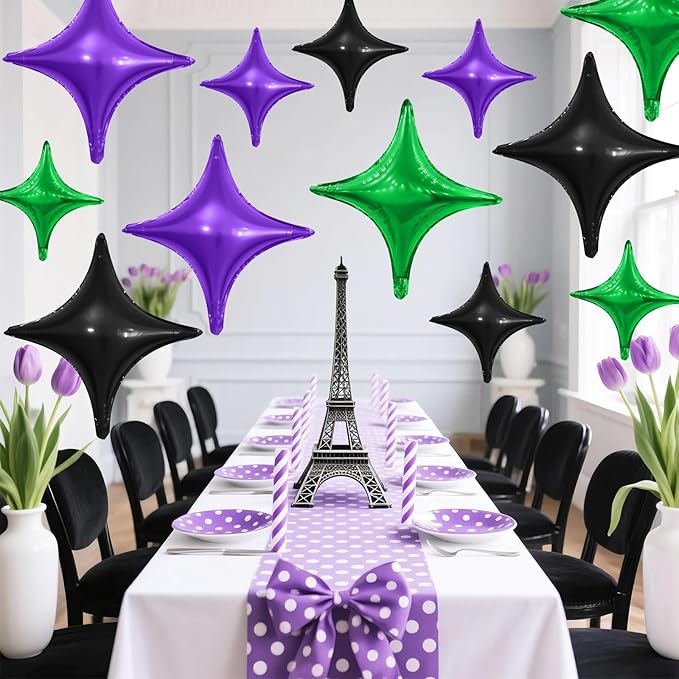 Black Green Purple Star Balloons,12Pcs Four Angle Star Foil Balloons,26Inch and 10Inch Black Green Quadrangle Helium Balloon for Halloween Birthday Baby Shower Anniversary Party Decorations