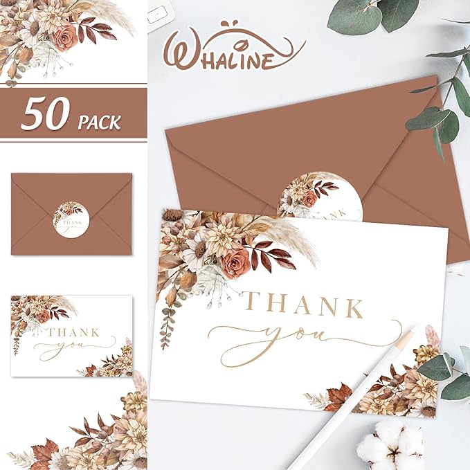 Whaline 50 Pack Boho Floral Thank You Cards Boxed Retro Flower Note Cards with Envelopes Stickers Fall Blank Card for Thanksgiving Bridal Shower Baby Shower Wedding Supplies, 4 x 6 Inch