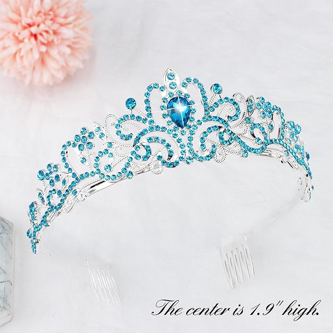 CIEHER Princess Crown and Sash Set, Blue Birthday Crown and Tiara for Girls and Women, Happy Birthday Accessories