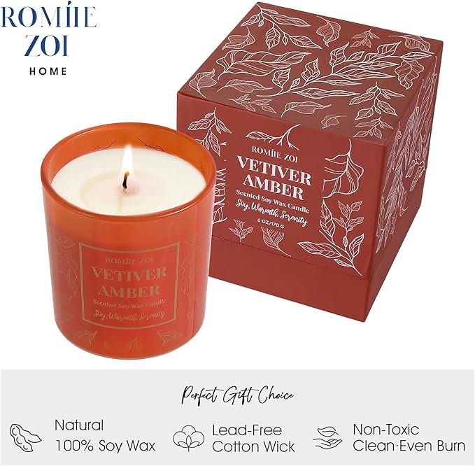 ROMIIE ZOI Aromatherapy Jar Candle - 6oz Soy Wax Candle - Infused with Vetiver Amber Aroma - with Beautiful Keepsake Box Special for Birthday/Holiday Gifts