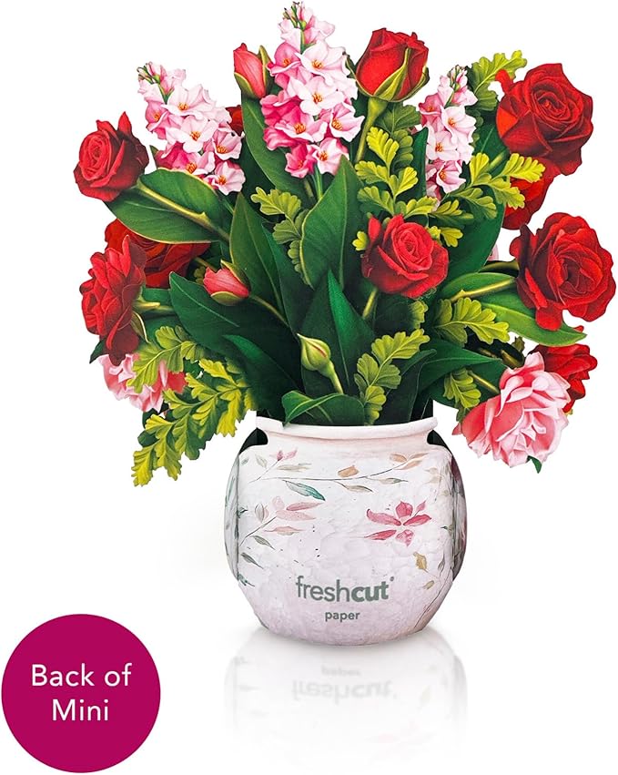 Freshcut Paper Pop Up Cards, Mini Blooming Roses, 6 Inch Mini Sized Forever Flower Bouquet 3D Popup Greeting Cards, Valentine's Day, Anniversary Card, Blank Notecard & Envelope