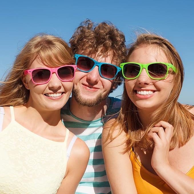 12/24 Pack Wholesale Retro Neon Colors Party Favor Supplies Unisex Sunglasses Bulk for Adults Teens, UV400 Protection