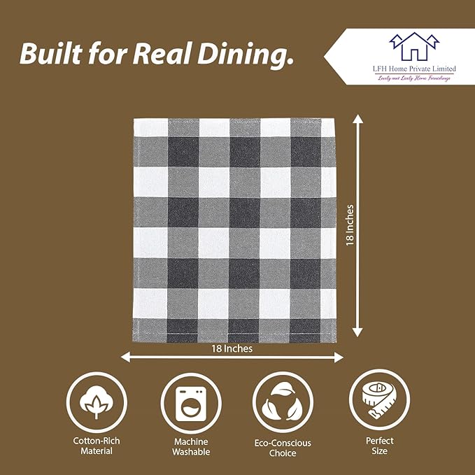 LFH Home 100% Cotton Cloth Reusable Dinner Napkins Set of 12 Washable Soft Decorative Buffalo Plaid Gingham and Checkered Table Napkins for Holidays Wedding Farmhouse Decor 18x18 Inch-Charcoal & White