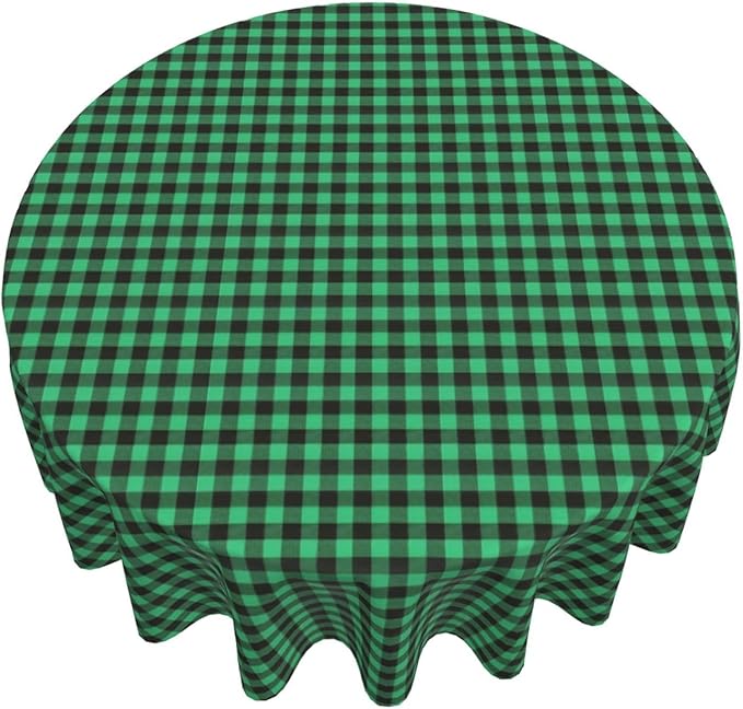 Round Checkered Vinyl Christmas Tablecloth with Flannel Backing 70 Inch, Waterproof Wipe Clean Buffalo Plaid Plastic Table Cloth, Heavy Table Cover for Party, Indoor, Outdoor, Green and Black