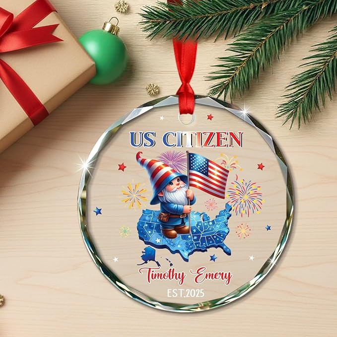 Personalized US Citizen Glass Christmas Ornament Gift for Men Women US Citizenship, Customized Choose Year & Name New American Citizen Keepsake Ornament, American Citizenship Xmas Decor Ornaments