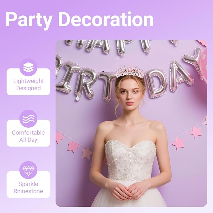 Tiara Crown for Women, Queen Tiara for Birthday Prom Bridal Party Custome Pink