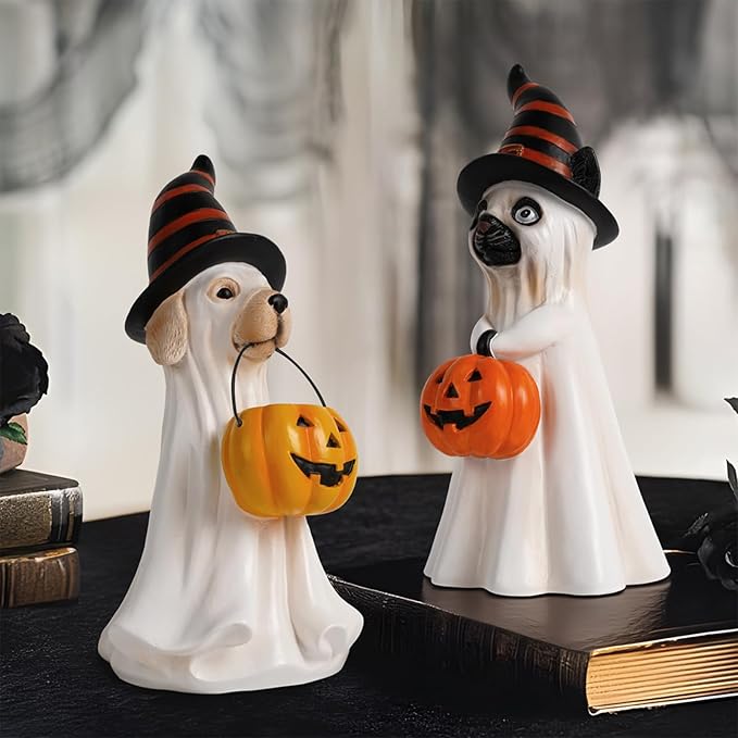 Halloween Decorations Halloween Ghost Figurine, Sculpted Hand-Painted Dog Figurine Gift, Ghost Figurines for Home, Office, Desk Decor, Cute Ghost Decor Home Decor Indoor (White-Yellow)