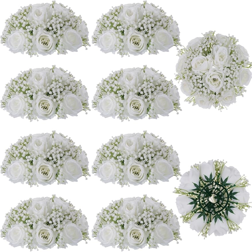 BLOSMON Babys Breath Artificial Flowers: 10 Pcs White Rose Baby Breath Ball Centerpieces for Wedding Table - Fake Silk Kissing Floral Arrangement for Home Party Event Decorations