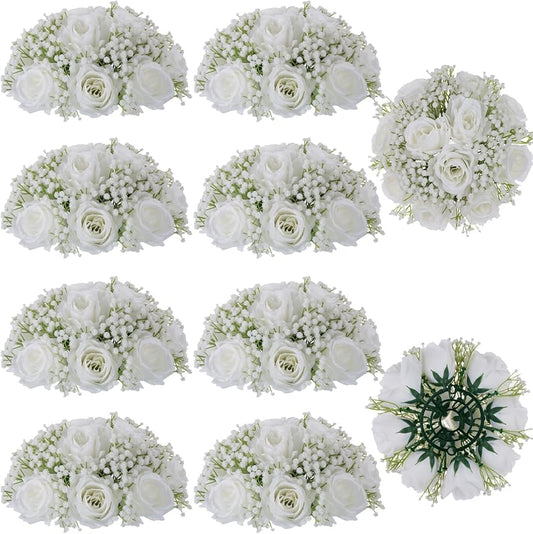 BLOSMON Babys Breath Artificial Flowers: 10 Pcs White Rose Baby Breath Ball Centerpieces for Wedding Table - Fake Silk Kissing Floral Arrangement for Home Party Event Decorations