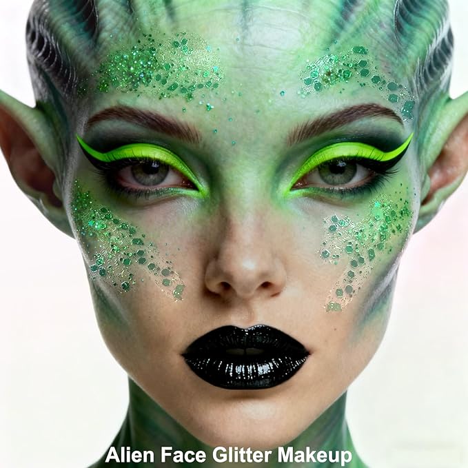 MEICOLY Green Body Glitter,Green Face Glitter,Christmas Face Glitter Stocking Stuffers,Alien Chunky Glitter Makeup,Glitter Face Paint for Women and Kids,St Patricks Day Accessories