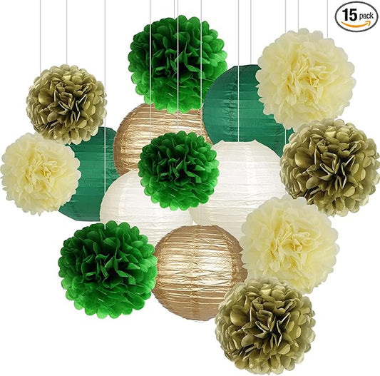 Green Gold Party Decorations, Hanging Paper Lanterns and Pom Poms Flowers for Woodland Baby Shower Graduation Green Birthday Party Decor 15PCS