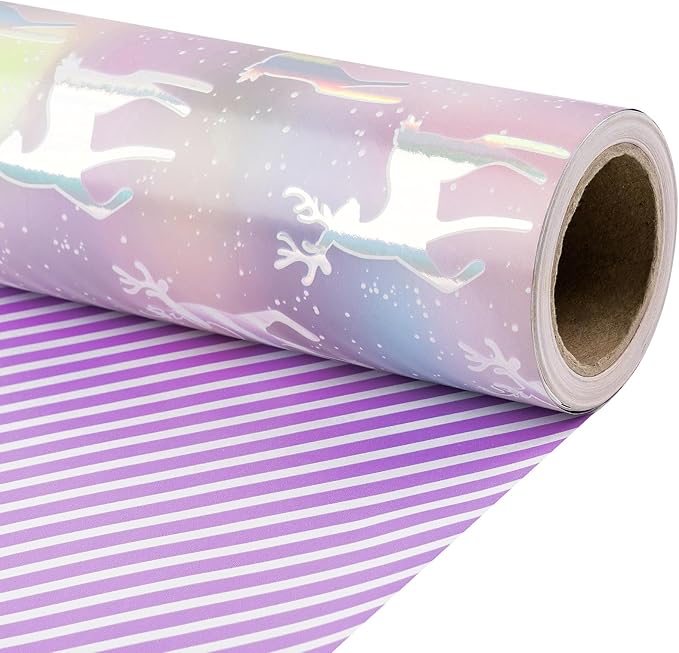 RUSPEPA Christmas Reversible Wrapping Paper Roll for Girls, Mini Roll, Colorful Foil Pastel Reindeer Design and Purple Stripes, Dreamy Gift Wrap for Christmas Gifts, Holiday, 17 Inches x 32.8 Feet