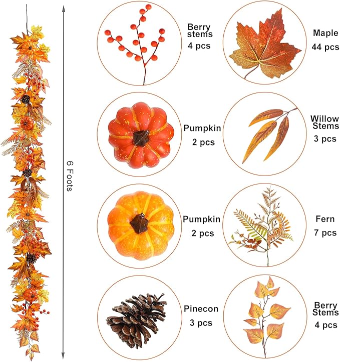 6ft Fall Maple Leaves Garland with Fern, Willow Stems, Berry, Pumpkins, pinecones. Artificial Autumn Harvest Garland for Festivals, Thanksgiving, Halloween, Fireplace Porch Indoor Outdoor Decoration