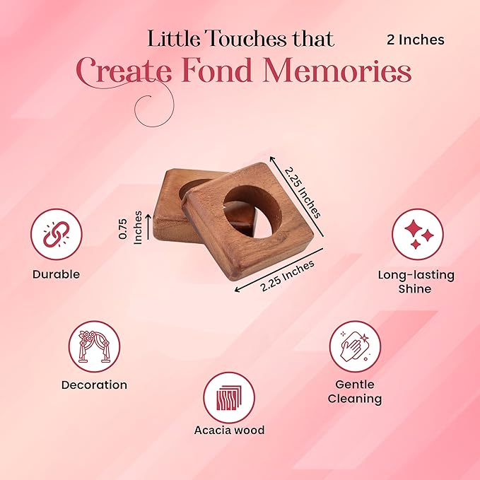 Wooden Napkin Rings Set of 12 Fall Decor for Home Square Acacia Wood Napkin Holders for Dining Table Settings Wood Napkin Ring Rustic Table Décor for Weddings, Parties, and Everyday Use - CLEENTABLE