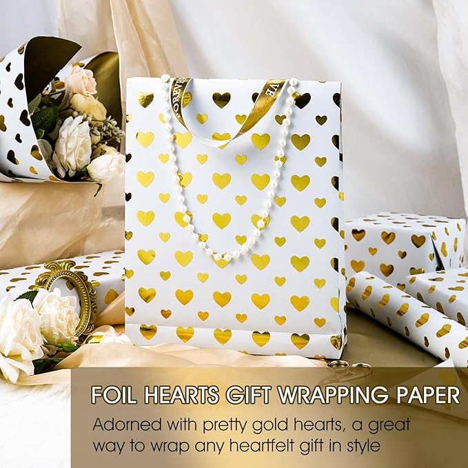 Yarcony Wedding Wrapping Paper Roll, Heart Gift Wrapping Paper, Elegant Golden Heart Design Bridal Shower Gift Wrap for Birthday, Anniversary, Engagement, Valentine's Day (17 Inch X 33 Feet)