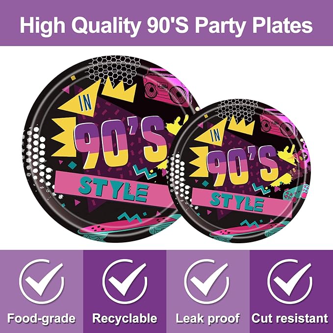 96 PCS Back to the 90s Party Decorations Supplies, Birthday Party Tableware Set 90s Party Dessert Plates Napkins Forks for 24 Guests 80s Favors