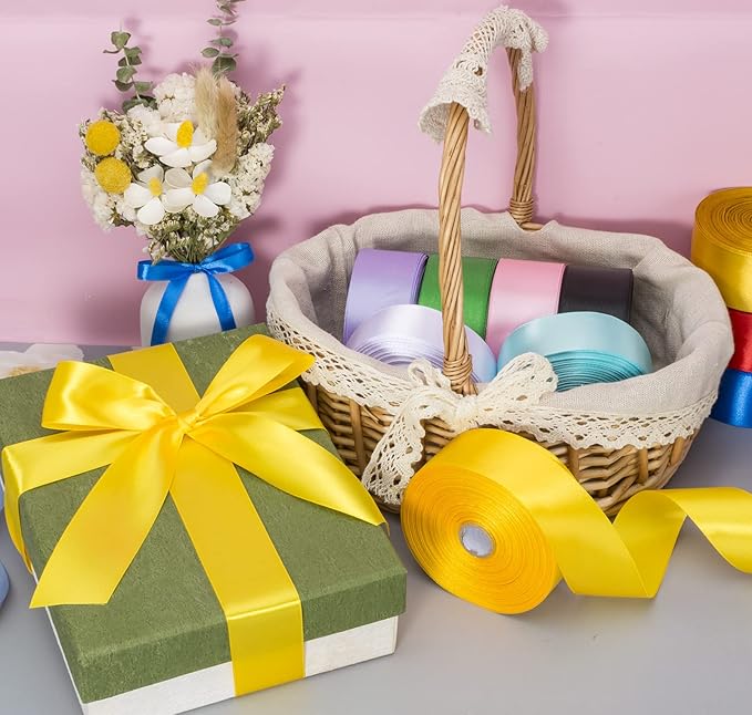 1 1/2 Inch Yellow Solid Satin Ribbon, 50 Yards Craft Fabric Ribbon for Gift Wrapping Floral Bouquets Wedding Party Decoration