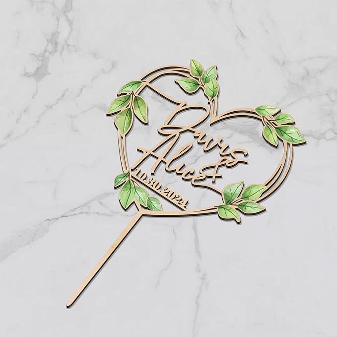 Heart Wedding Cake Topper Personalized Names and Date Green Leaves Engagement Cake Topper Keepsake Wedding Gift