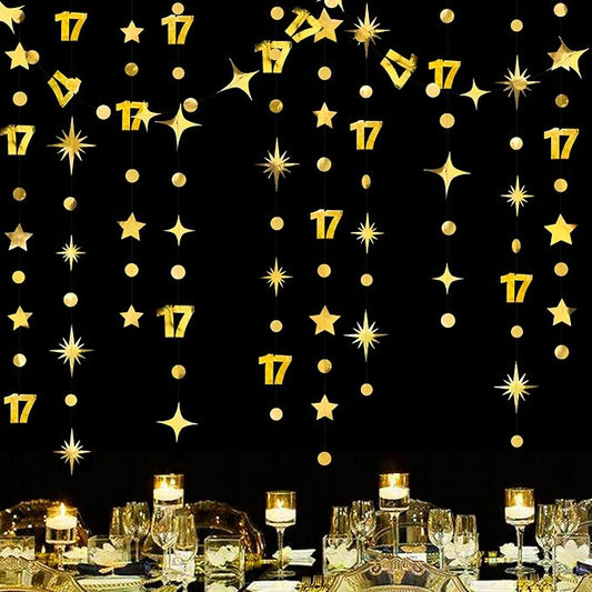 Gold 17th Birthday Decorations Number 17 Circle Dot Star Garland Streamer Bunting Banner Backdrop for Girls Boys Seventeen Years Old Bday Cheers to 17 Years Happy 17th Anniversary Party Supplies