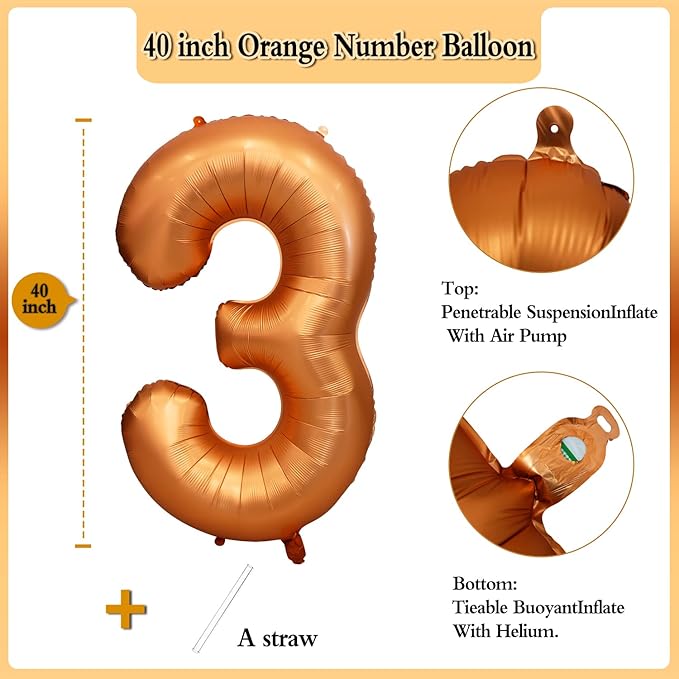 40 inch Orange Number Balloon Giant Foil Helium Balloons for 3rd nd Birthday Party Decorations